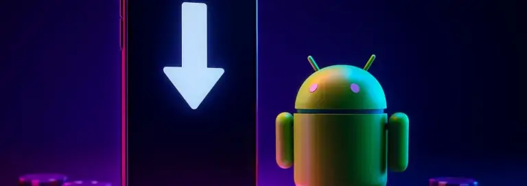 Download arrow on a smartphone screen with an Android robot standing next to it