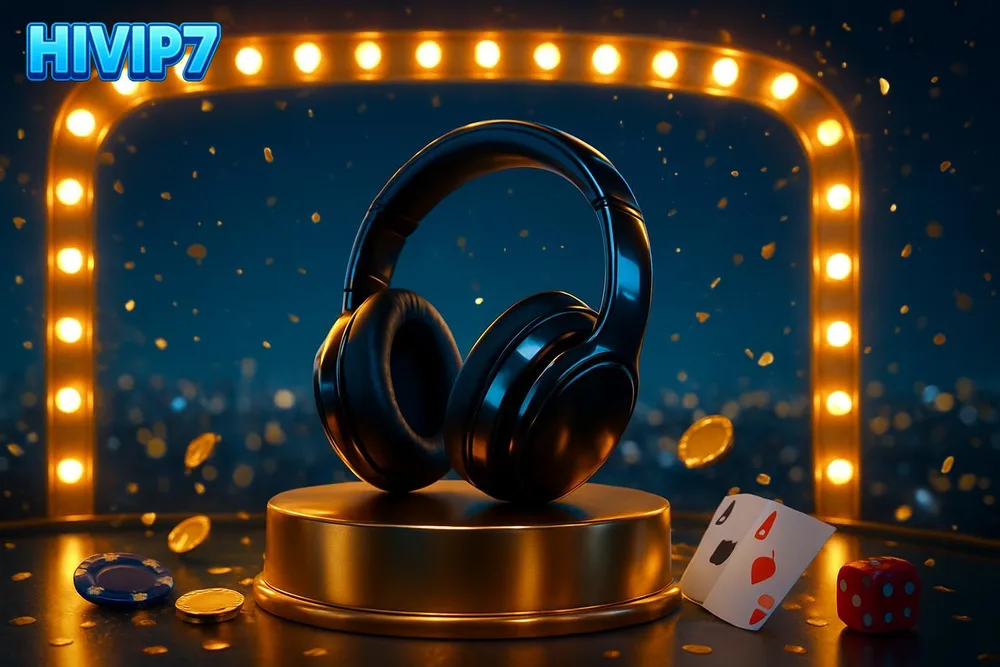 HIVIP7 App — glossy headset on podium above city lights at night
