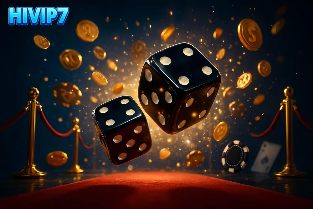 HIVIP7 Aviator Game — dice frozen mid-tumble above a red carpet
