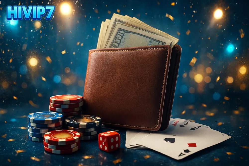 HIVIP7 bKash Deposit — leather wallet with banknotes and chips on stage