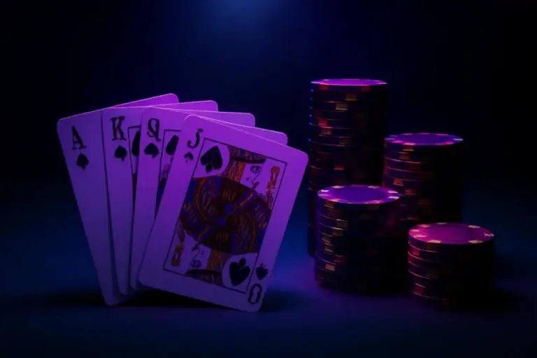 Playing cards and casino chips on a dark felt table, card games at HIVIP7