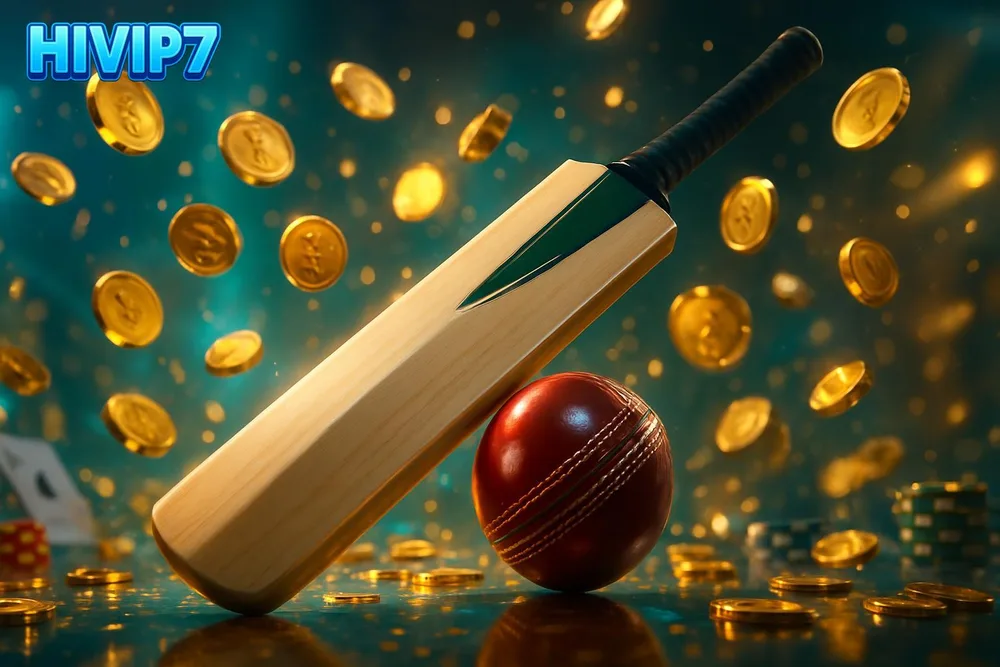 HIVIP7 Cricket Betting — cricket bat and ball in a mirrored golden hall