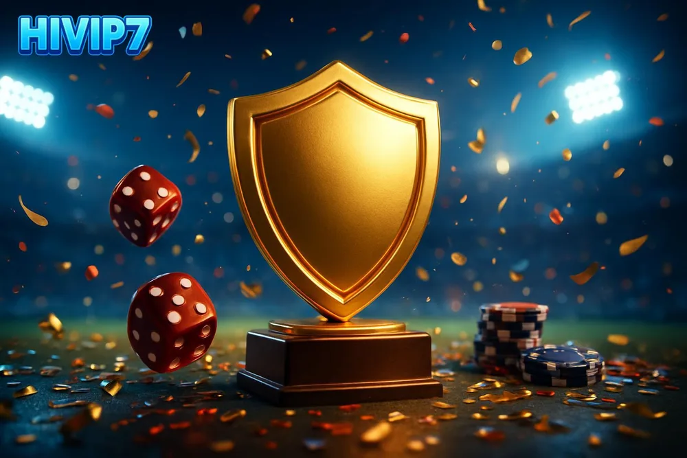 HIVIP7 Login — golden shield medal on plinth with tumbling dice