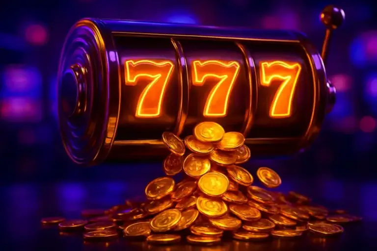 Golden slot machine reels with a cascade of coins, slots at HIVIP7