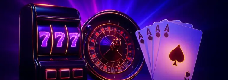 Slots, roulette and card games pictured together on a dark stage
