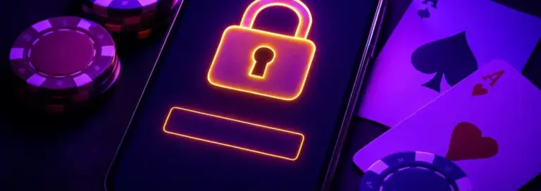 Smartphone showing a login screen with a gold padlock, casino chips and playing cards around it