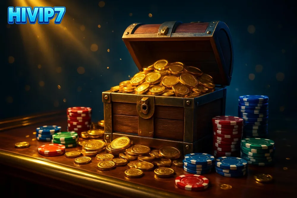 HIVIP7 Signup Bonus — treasure chest overflowing with coins on bar counter