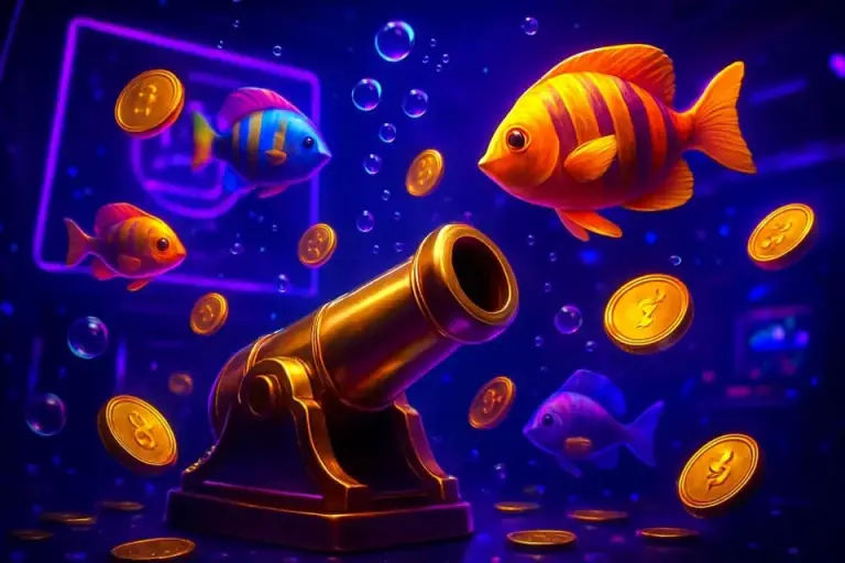 Underwater fishing arcade game with a golden cannon and tropical fish, HIVIP7